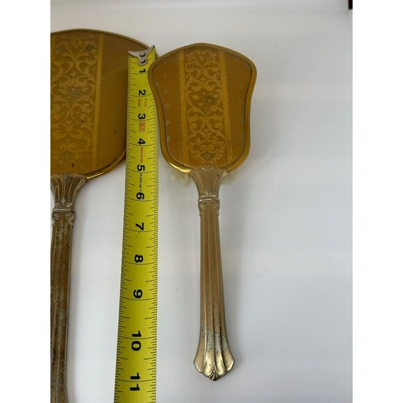 VTG Handheld Vanity Mirror & Brush Set Gold-Toned Floral Ornate Design Hollywood - Picture 7 of 7